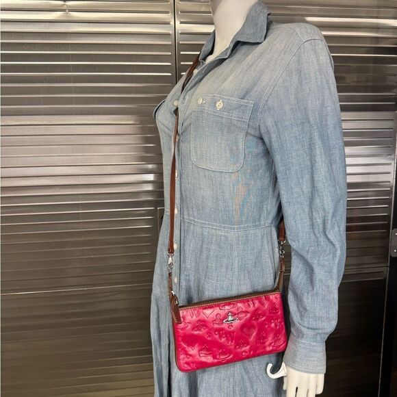 Vivienne Westwood Pink Embossed Leather Women's Bag Crossbody Wallet on Strap - Picture 14 of 15